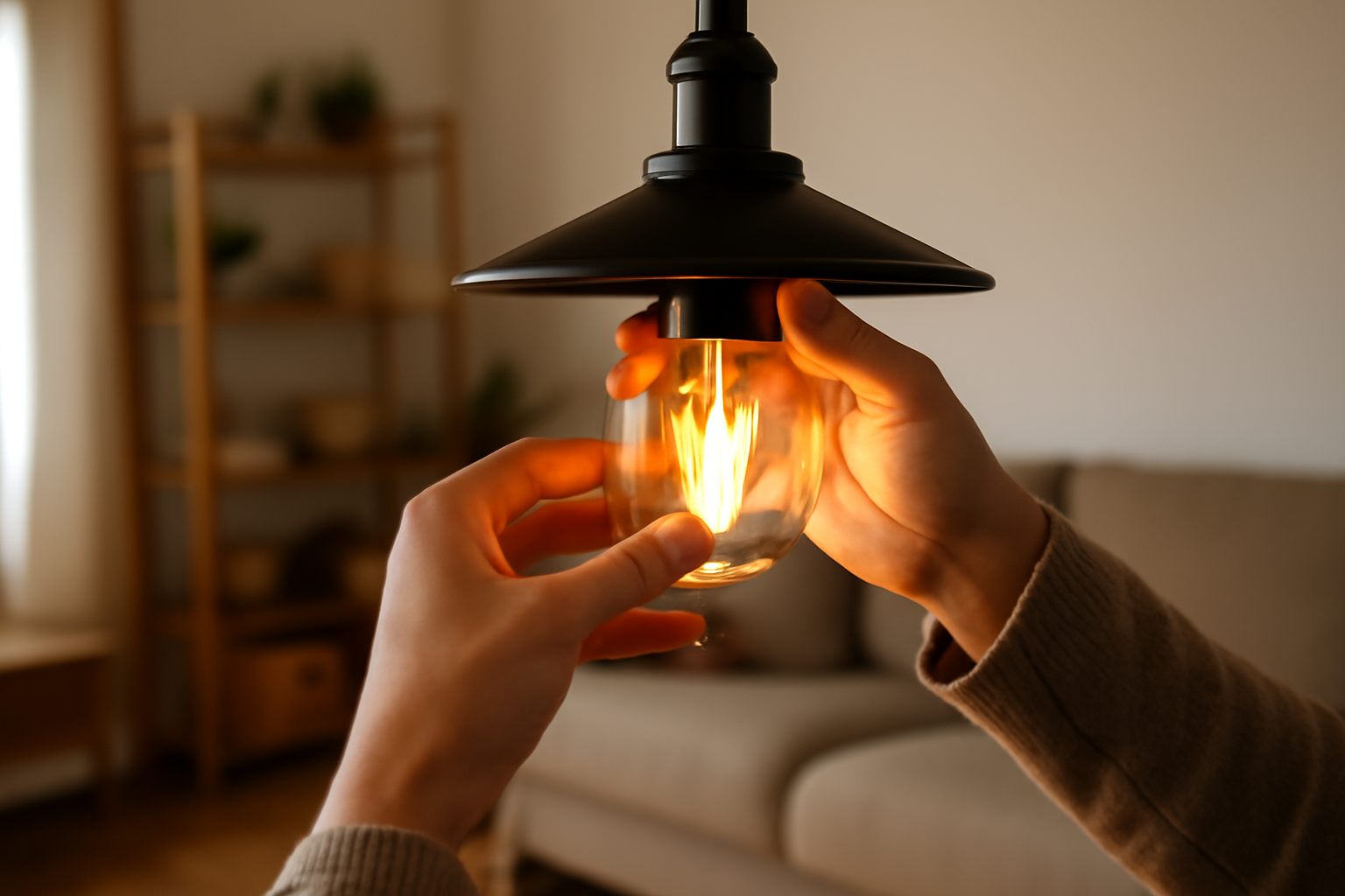 ampoule filament LED rétro installée dans un luminaire style industriel, ambiance chaleureuse