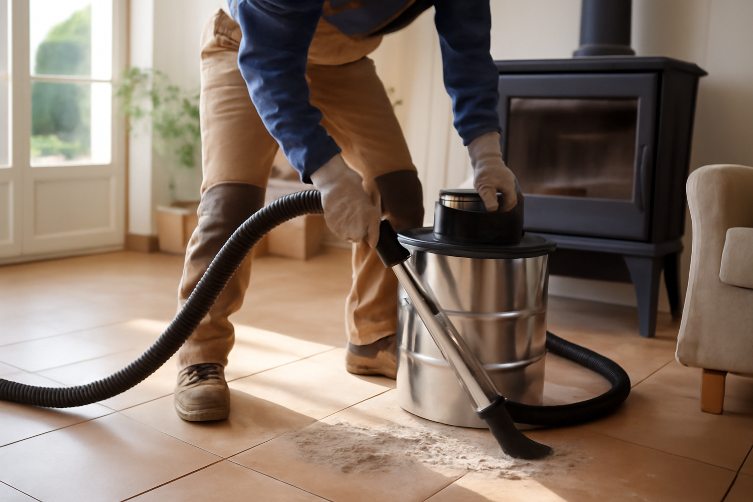 aspirateur de cendre sur sol carrelé devant un poêle à bois, fumée absente, lumière naturelle