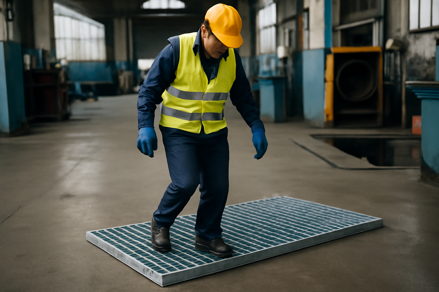 caillebotis acier dans un atelier industriel avec opérateur portant des EPI