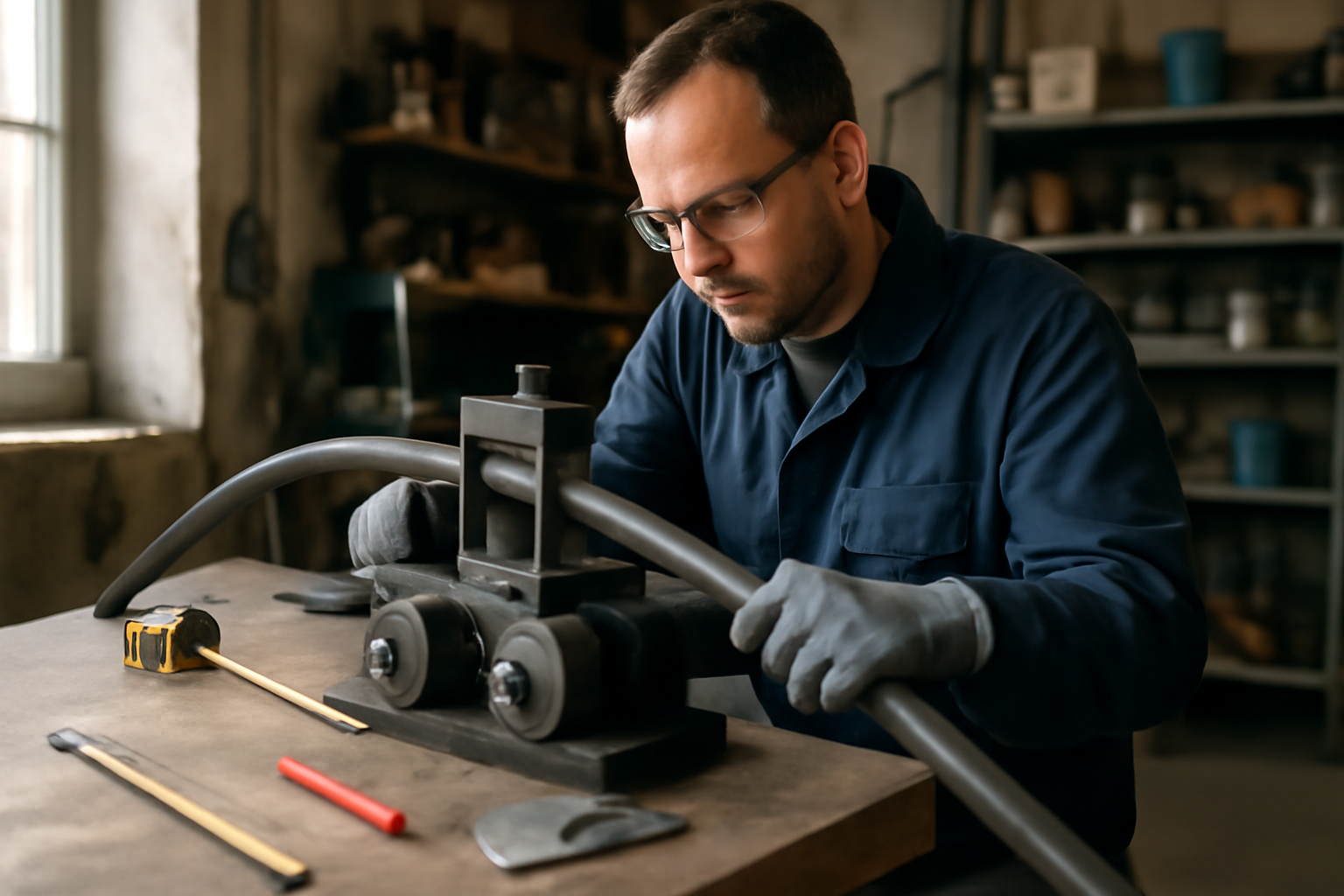cintrer du tube acier sur établi avec cintreuse à galets, gants et lunettes