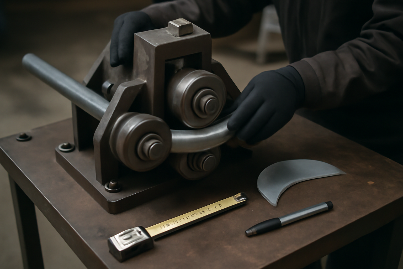 réglage de cintreuse pour cintrer du tube acier sur galets avec repères de rayon