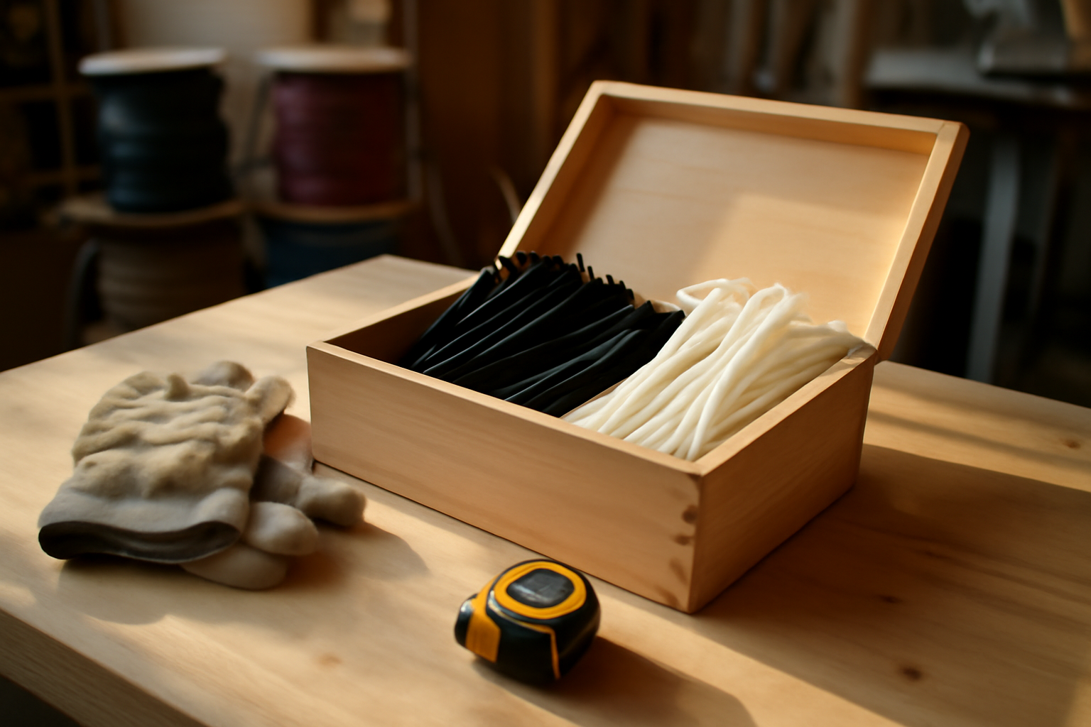 colliers de serrage plastique en boîte de rangement sur établi atelier