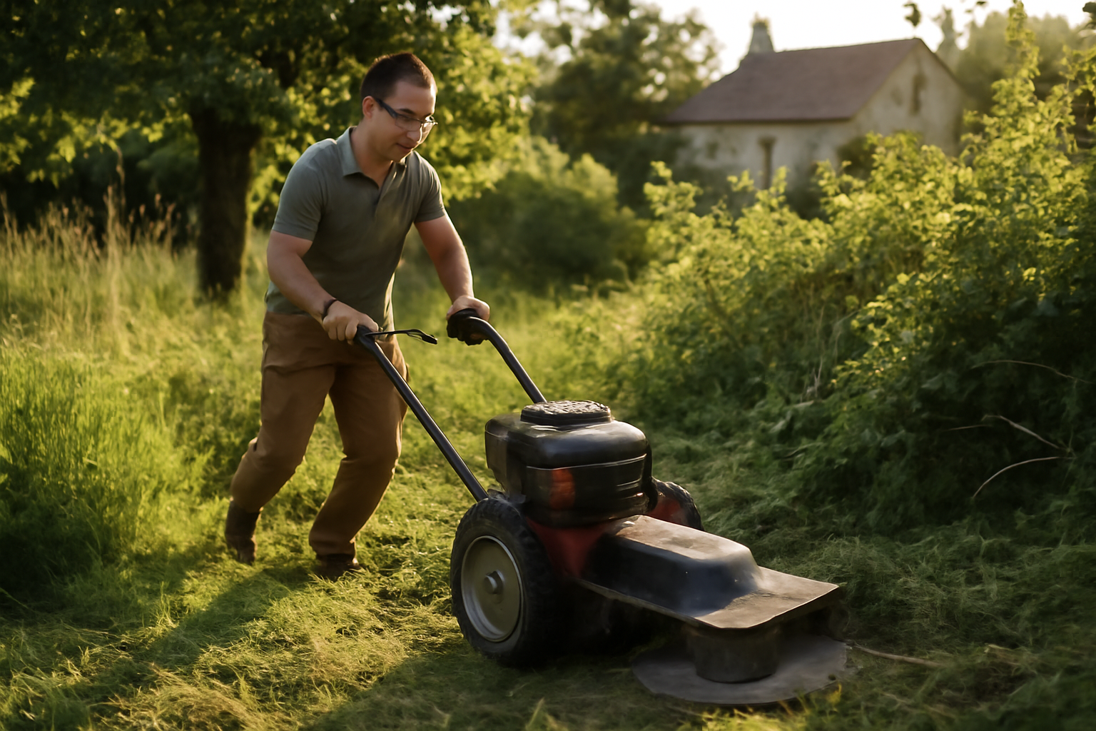 débroussailleuse sur roue en action dans un jardin avec herbes hautes