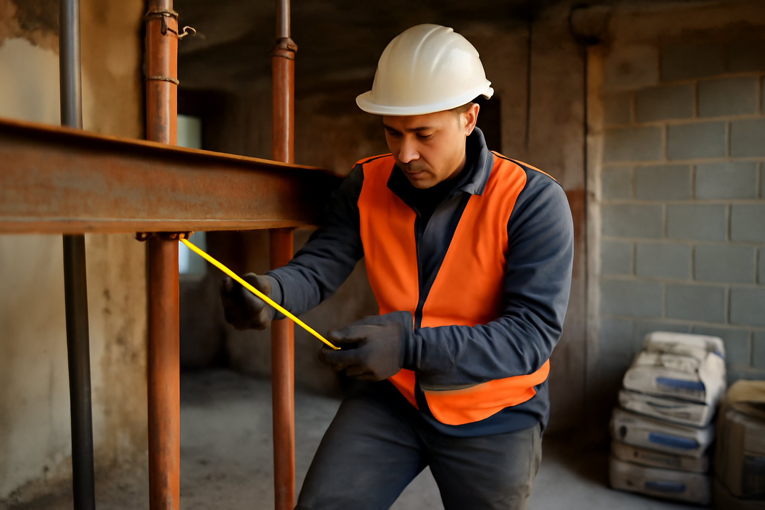 dimension ipn : poutrelle IPN en acier sur chantier, mesure au mètre ruban