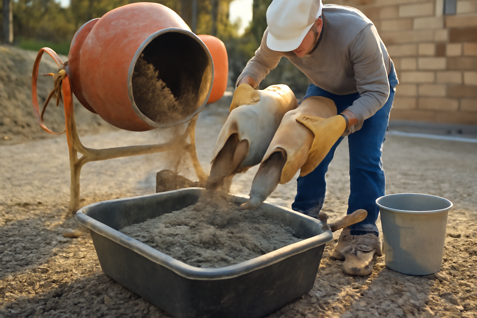 Dosage mortier ciment-sable dans une bétonnière, truelle et seau gradué sur chantier