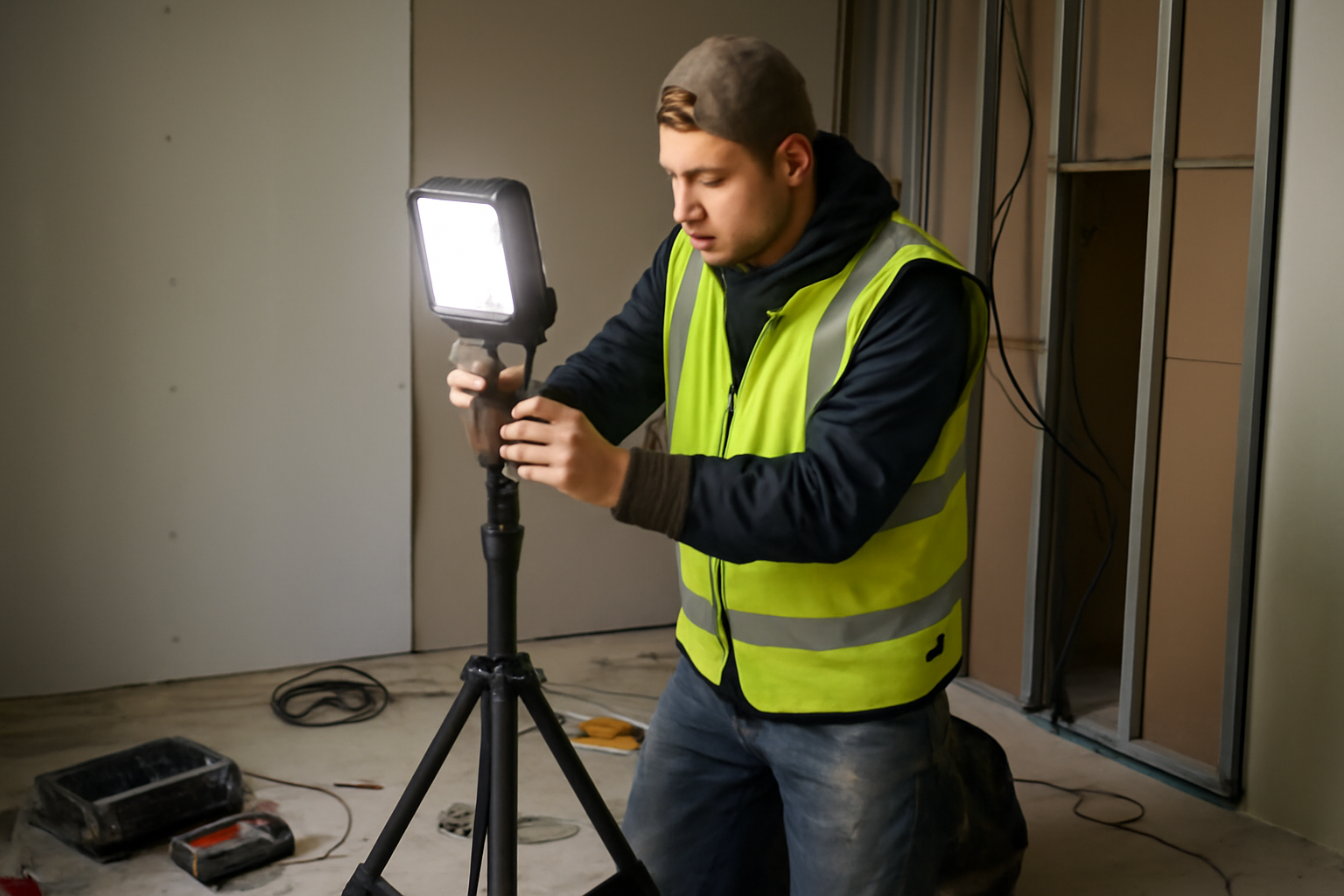 eclairage de chantier LED sur trépied, atelier en cours de rénovation, lumière froide et zones de travail nettes