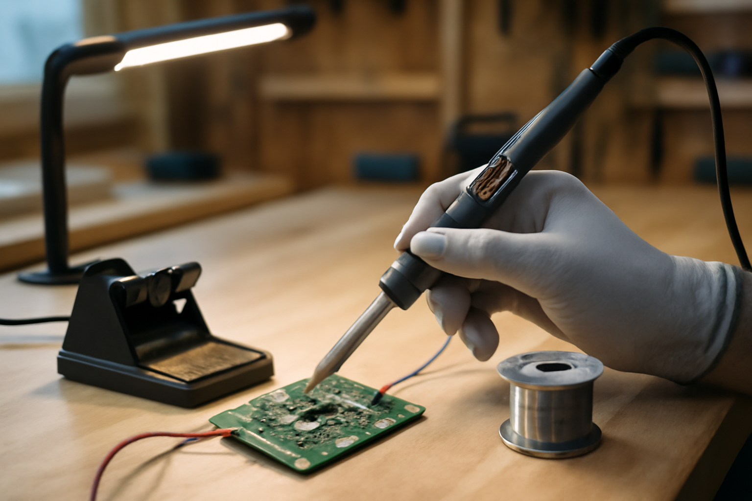 electronique fer a souder sur établi, fer à souder réglé à 350°C, circuits imprimés et étain