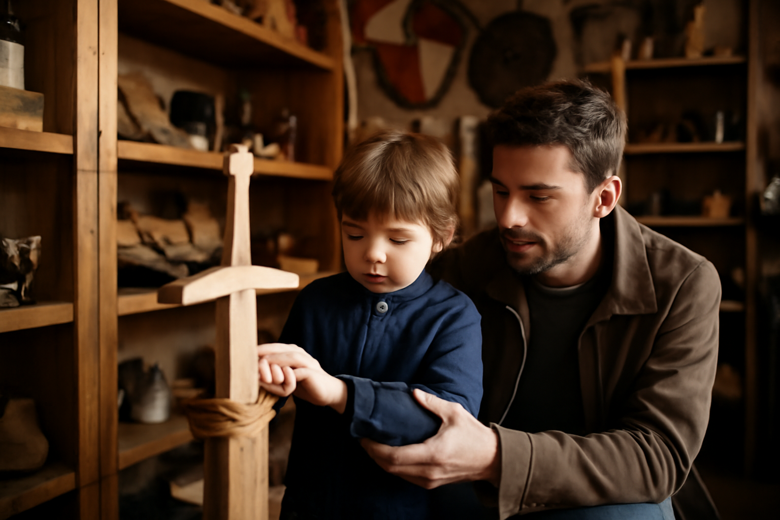 Épée en bois en boutique médiévale : essais de prise en main sur étagère en bois