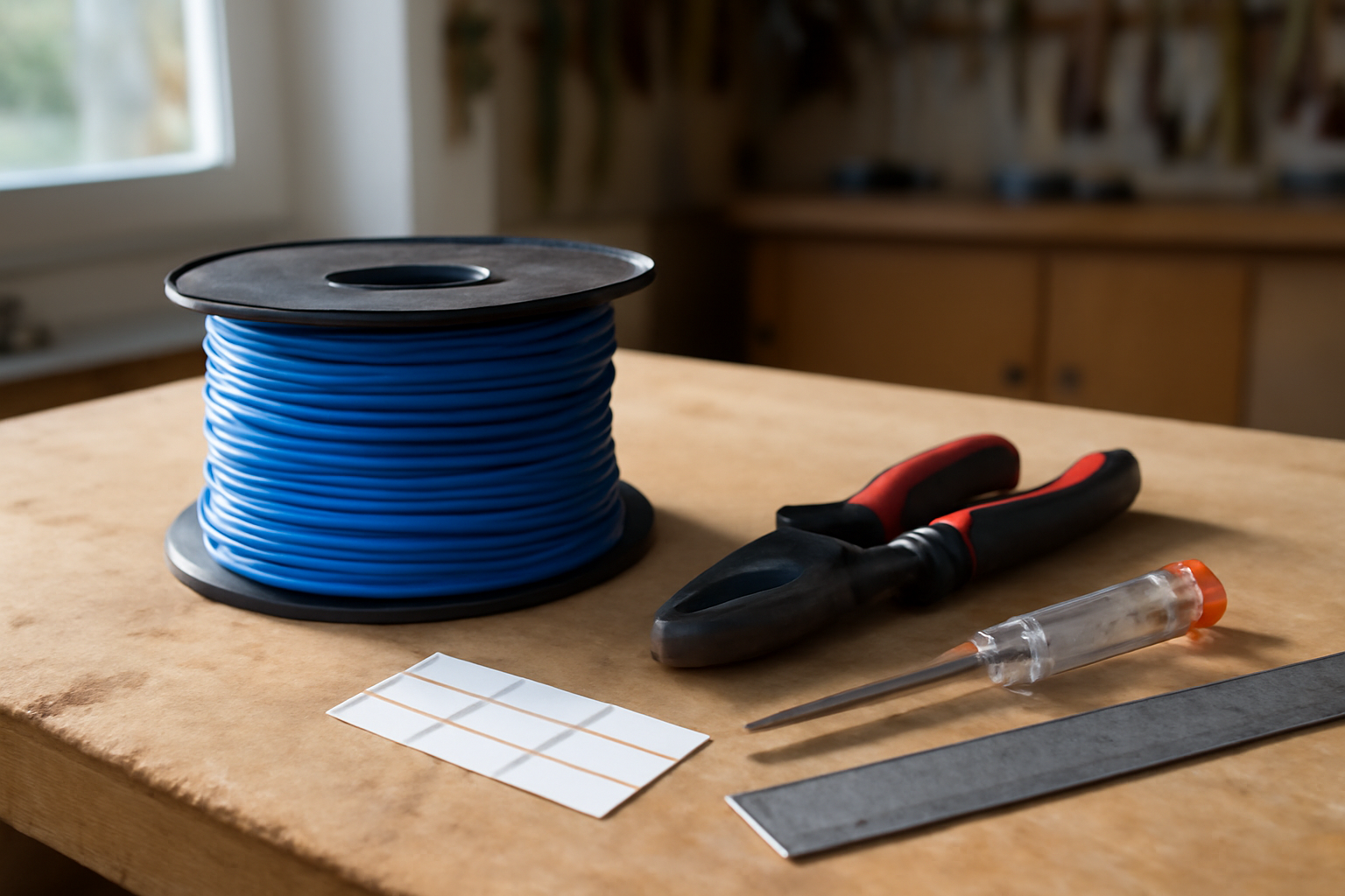 fil bleu electrique en bobine sur établi de bricolage