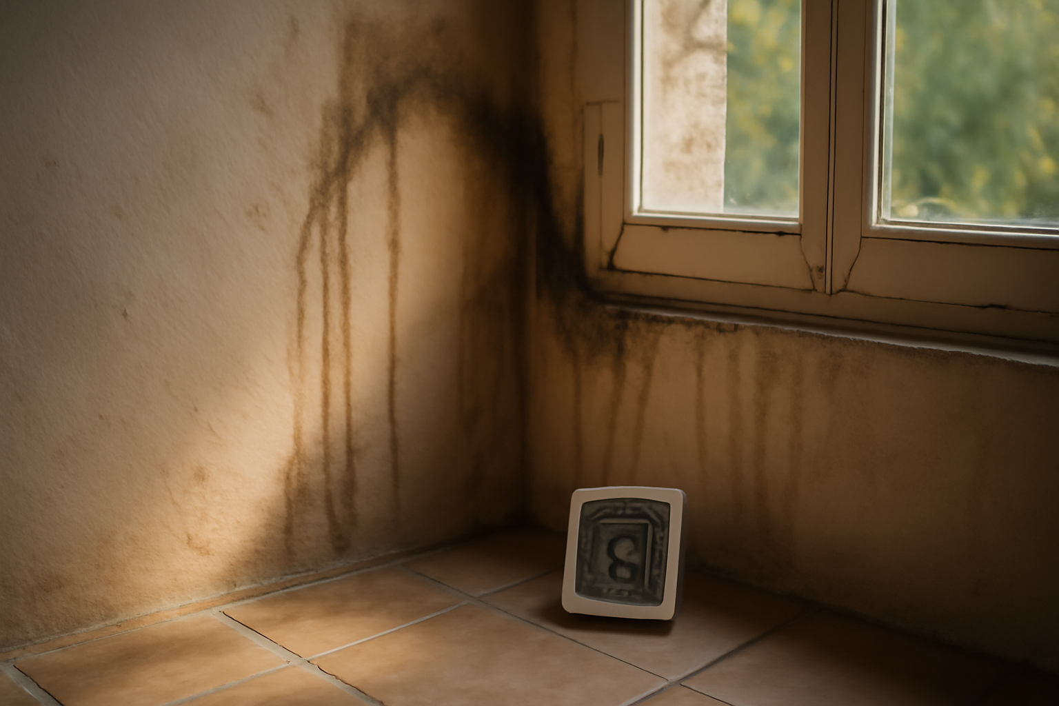 infiltration d'eau de pluie dans les murs : traces d'humidité sous une fenêtre