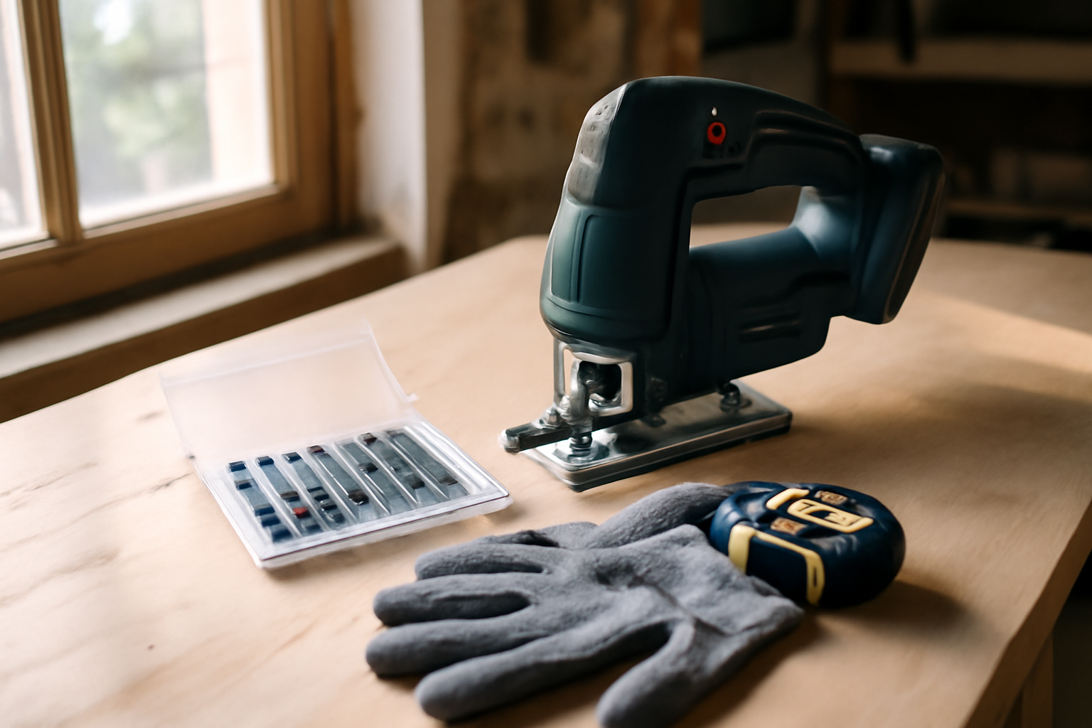 Lames scie sauteuse : sélection de lames pour bois et métal sur établi, lumière naturelle