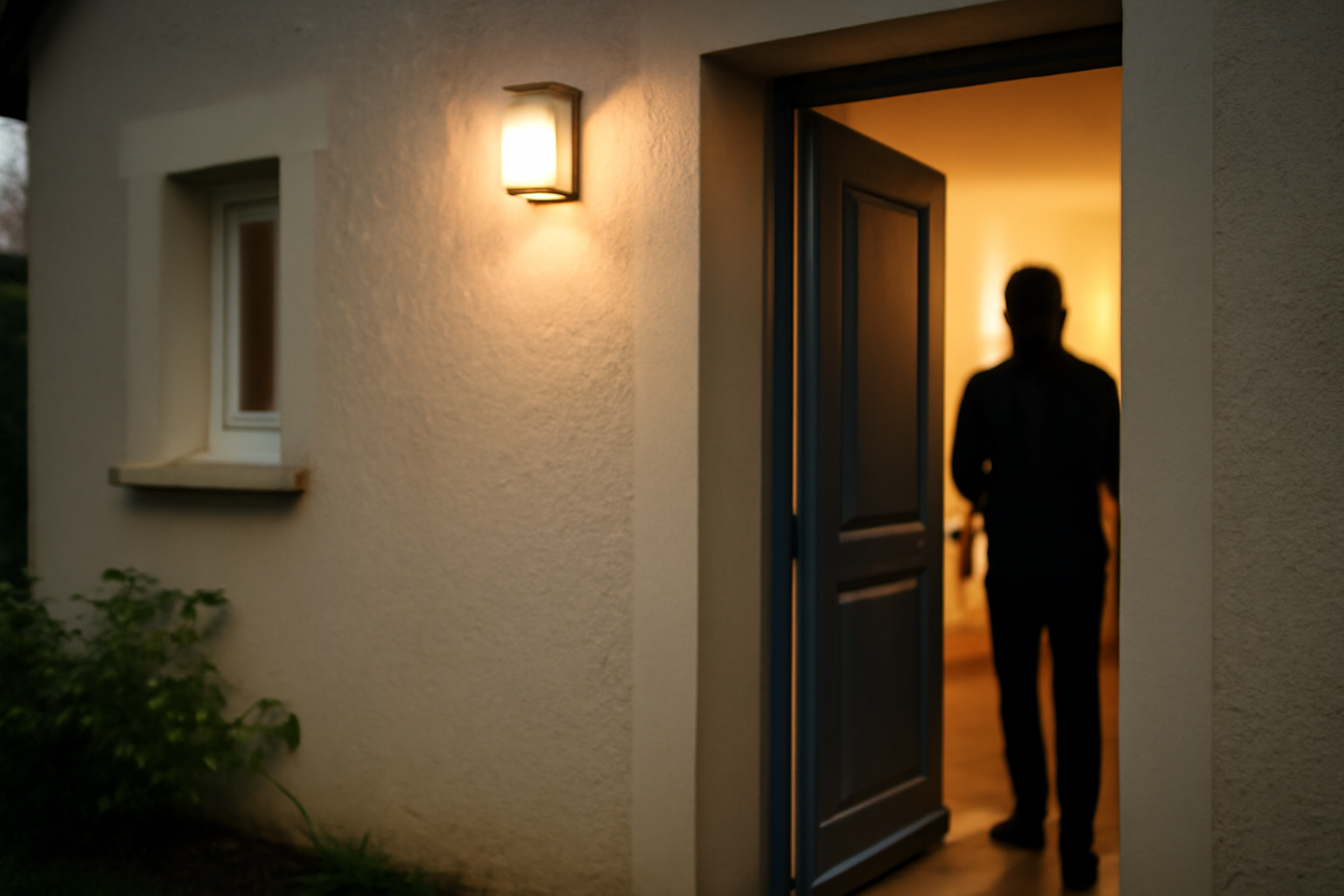 Lampe exterieur mur LED sur façade de maison, lumière chaude dans l’entrée, scène nocturne réaliste