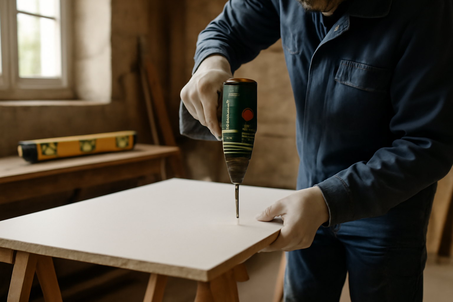 Meche placo en action sur une plaque de plâtre, atelier de bricolage, lumière naturelle