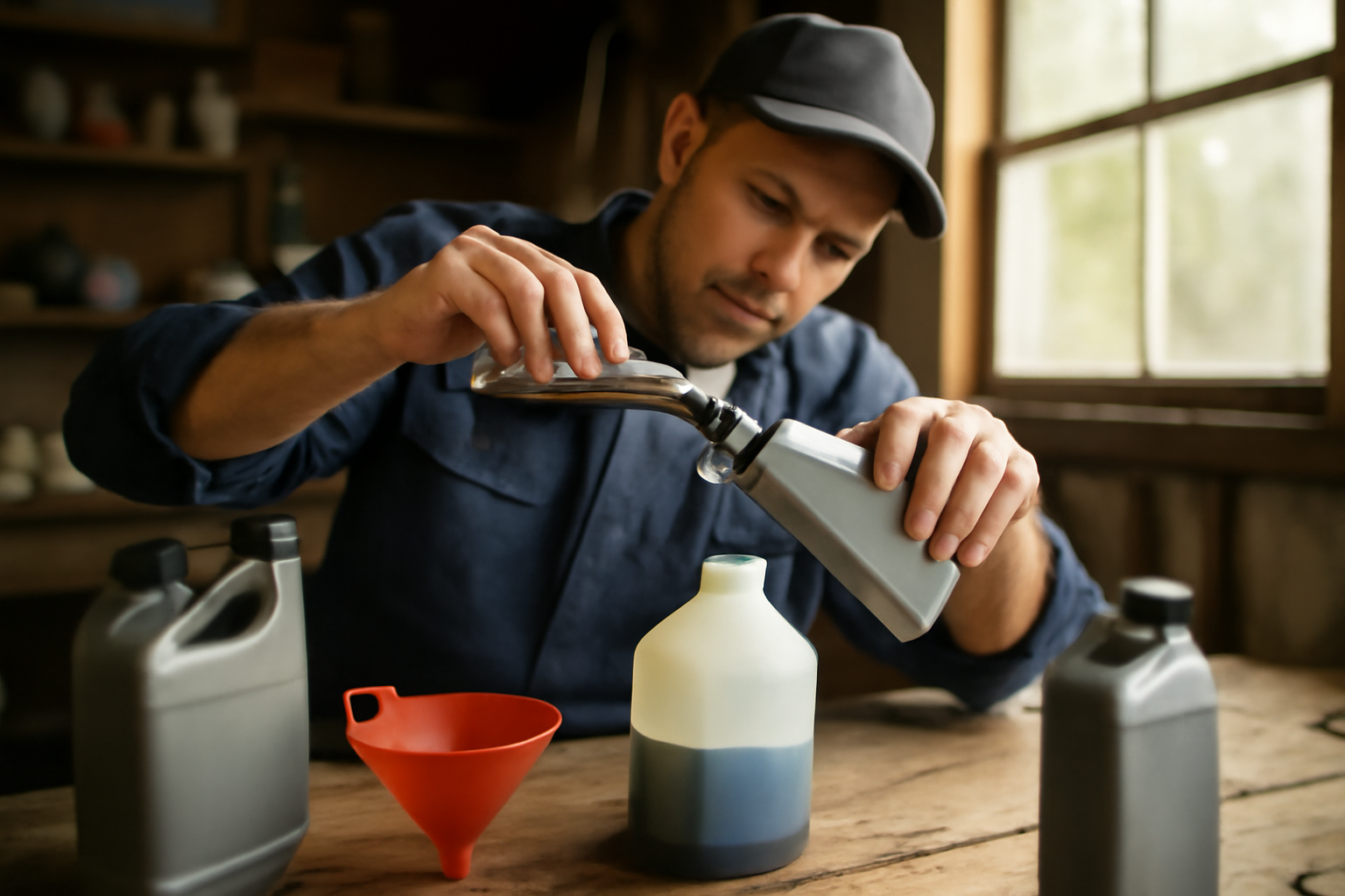 melange 2t : dosage huile-essence mesuré dans un bidon, sur établi bois, lumière naturelle