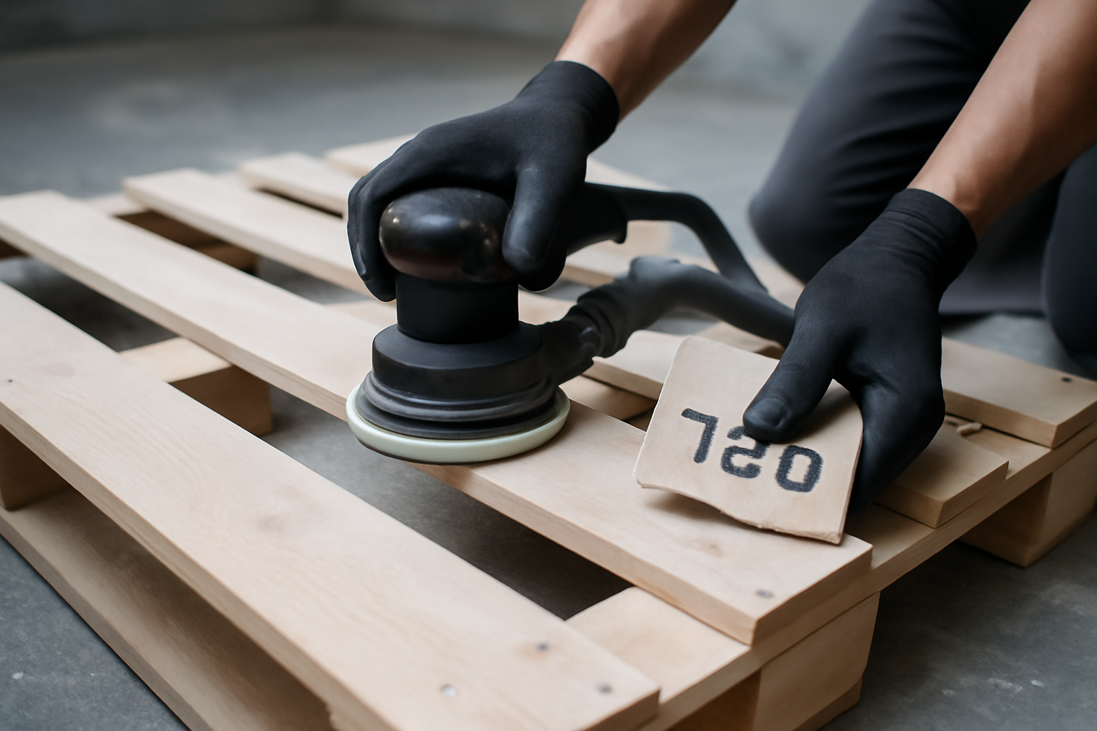 ponceuse orbitale et papier abrasif sur palette pour tete de lit avant traitement