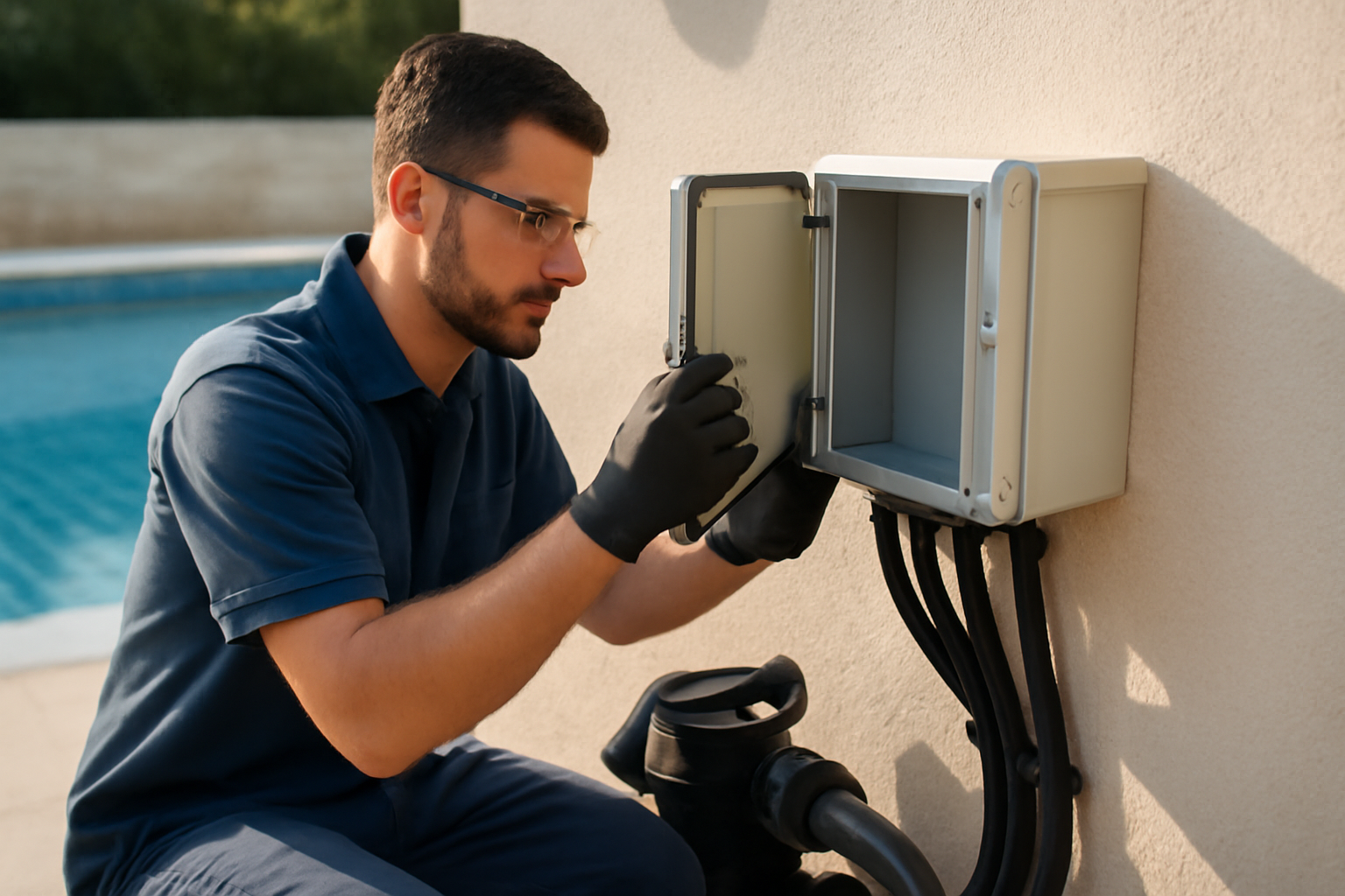 piscine coffret electrique IP65 dans local technique au bord d’une piscine