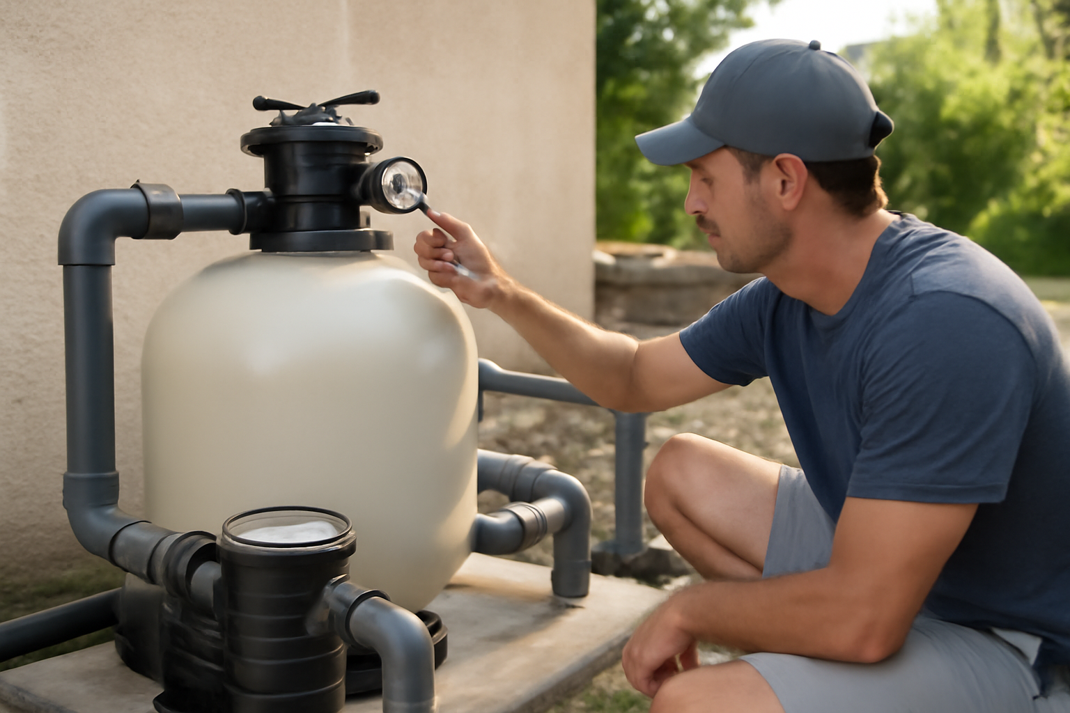 Piscine filtration avec pompe et filtre à sable dans un local technique, lumière du matin