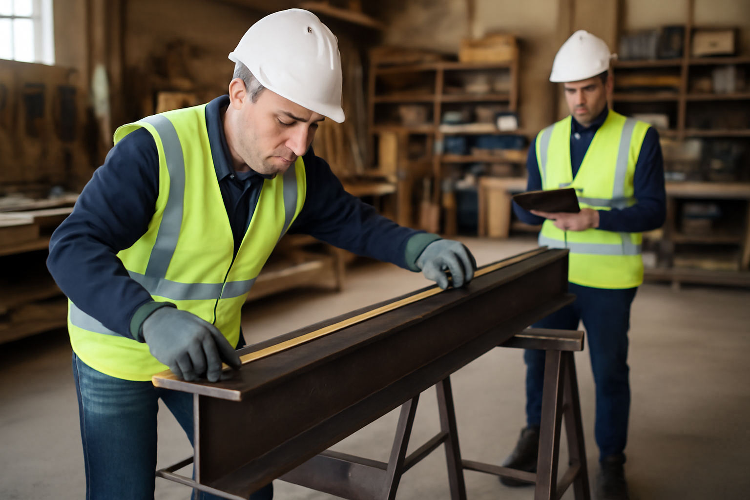 poutre ipn posée sur un chantier de menuiseries et structure bois, équipe en gants et tabliers, ambiance atelier