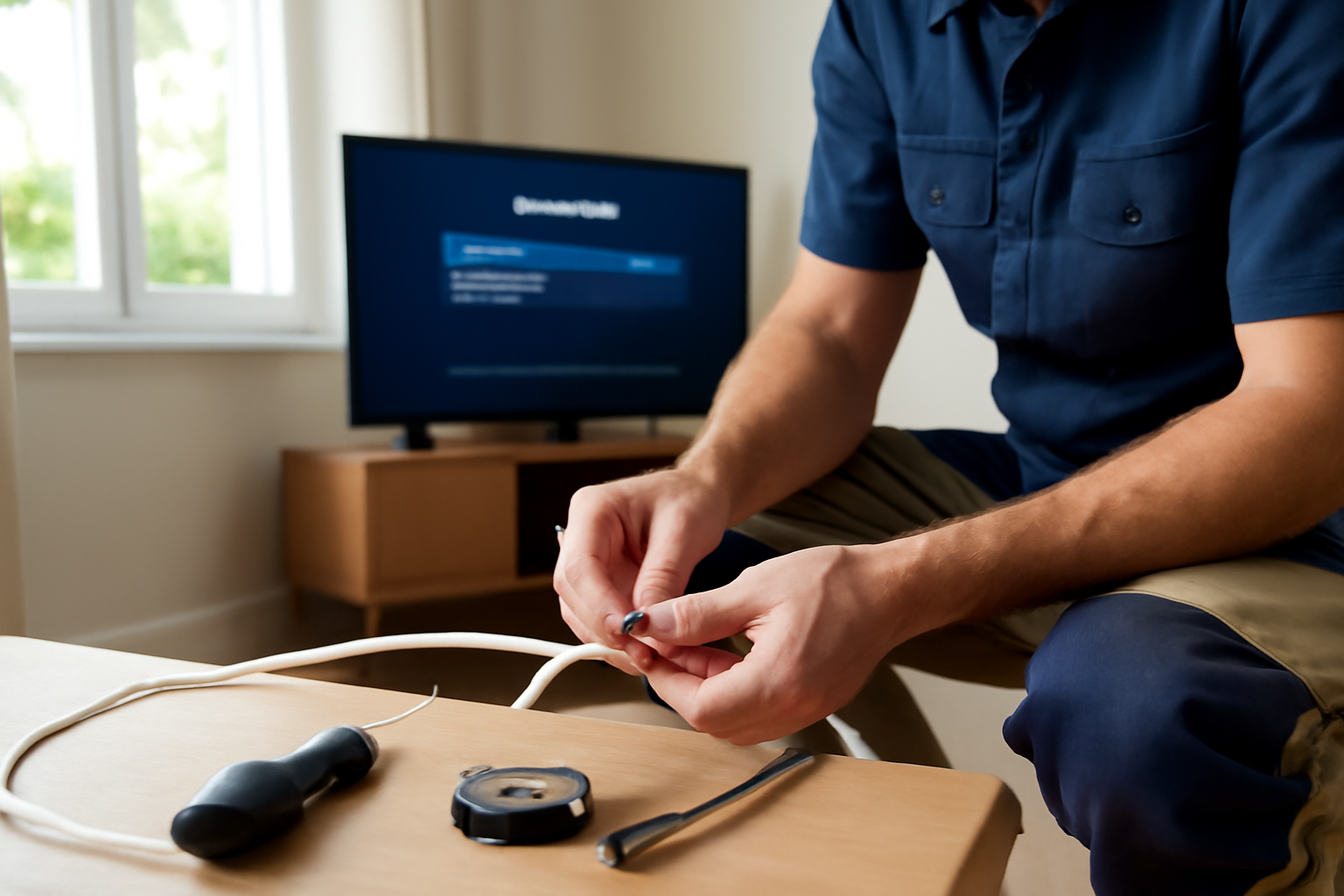 Schéma branchement antenne tv : raccord coaxial 75Ω sur prise murale et téléviseur