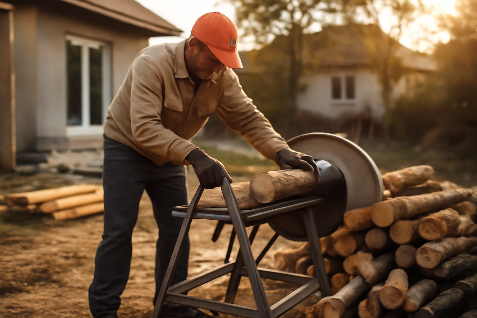 Scie à buches sur châssis en extérieur, bûches prêtes à être débitées