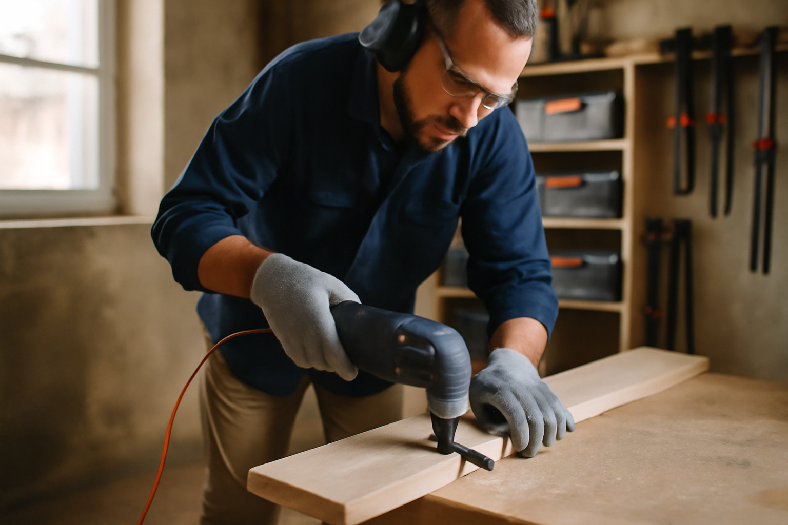 scie multifonction oscillante en action sur chantier, bois et lame de coupe
