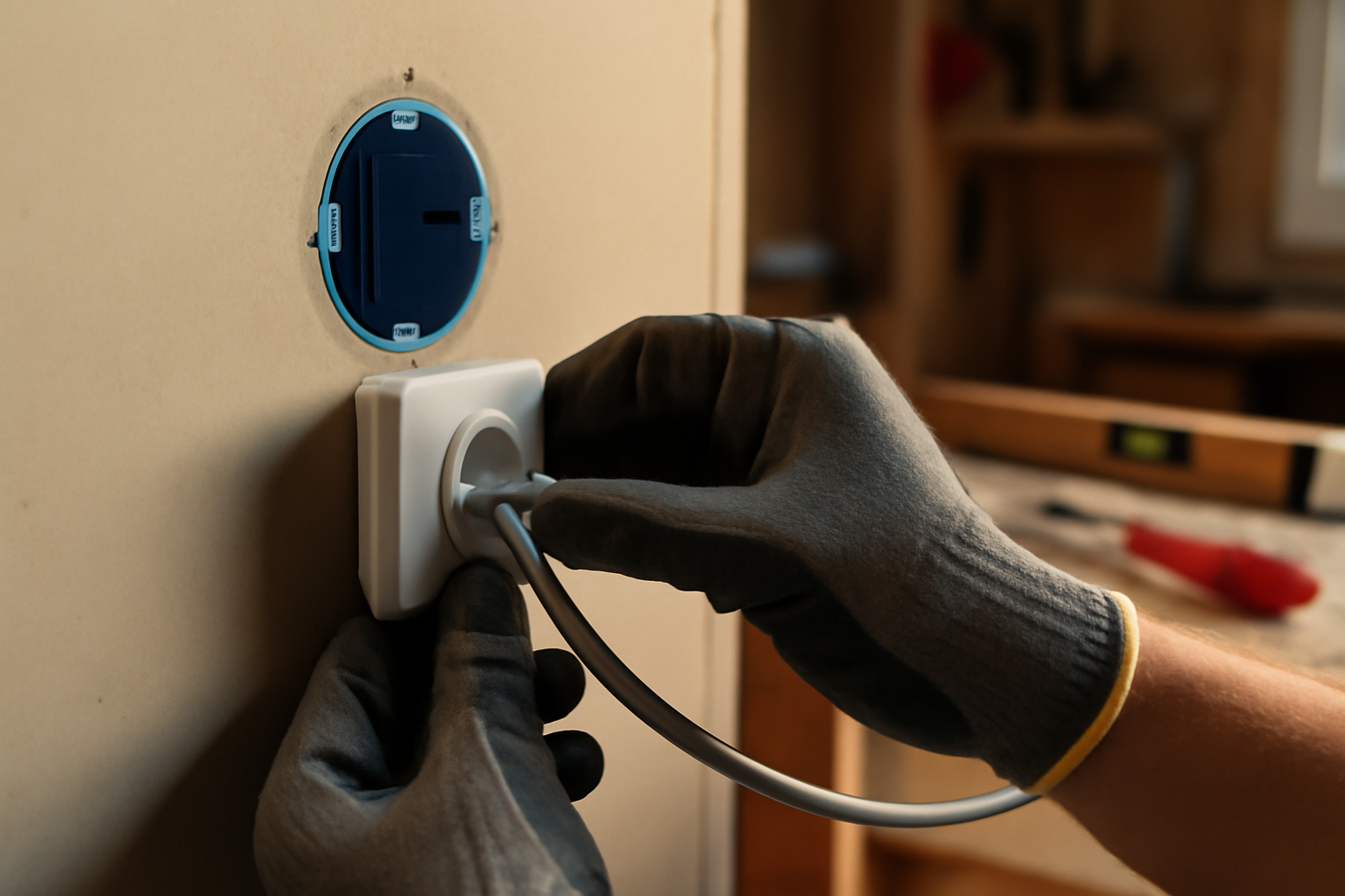 sortie de cable : mécanisme mural propre avec câble gainé sortant d’une boîte d’encastrement