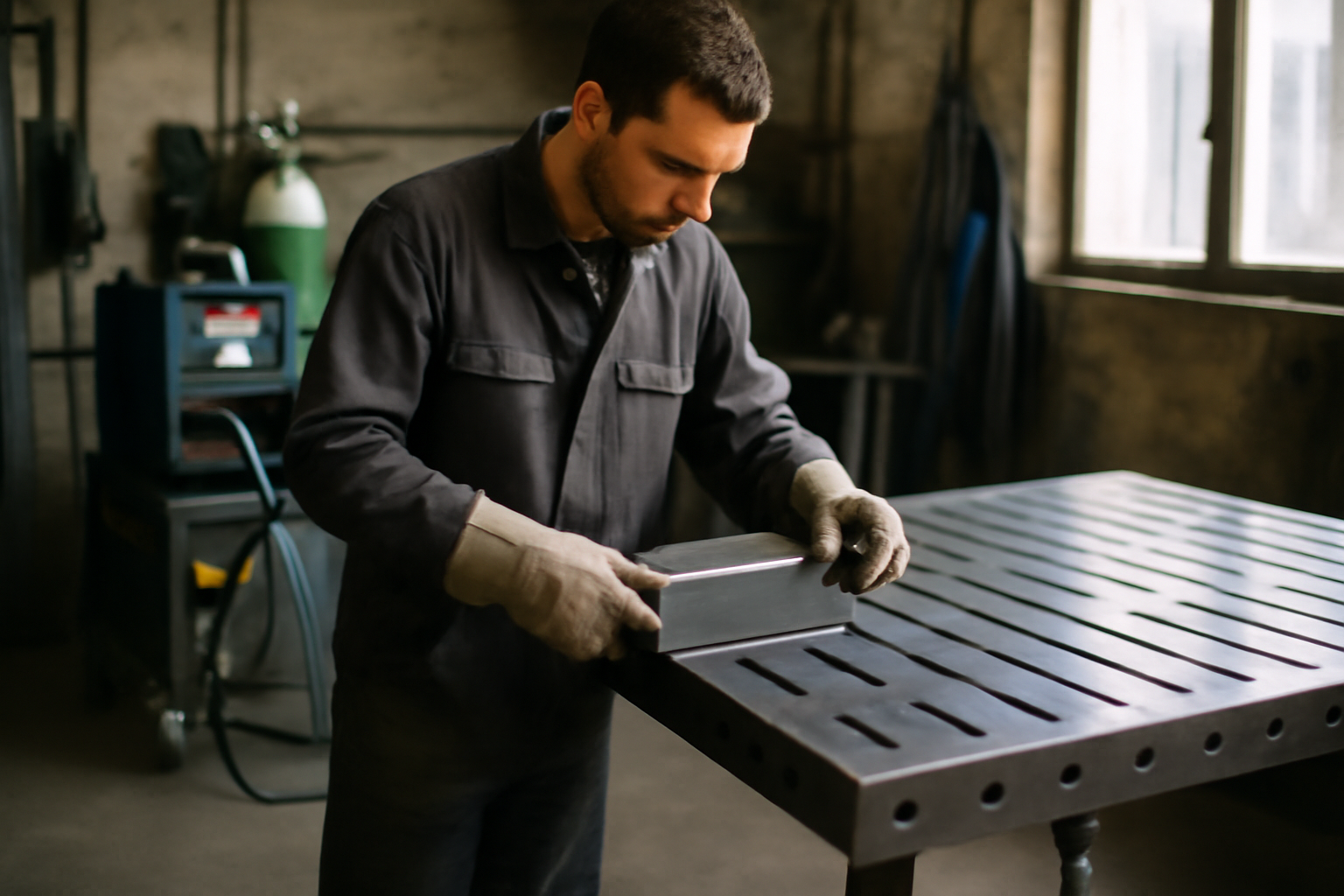 table soudure professionnelle en atelier avec bridage et poste de soudage