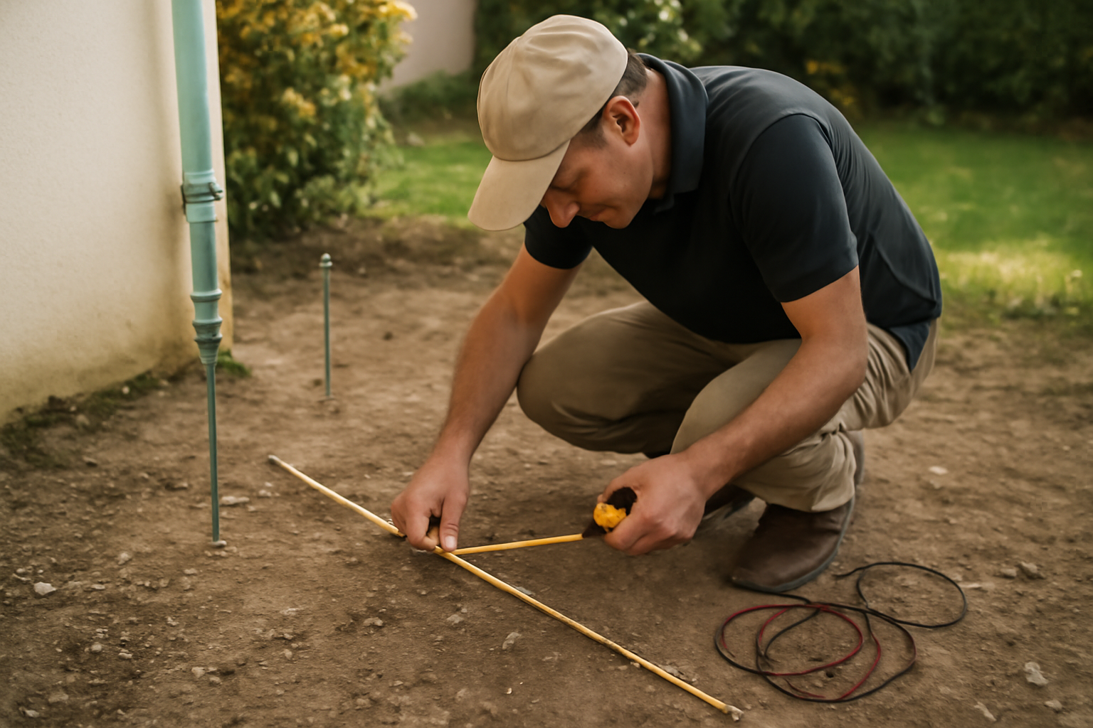 tester prise de terre : placement des piquets de mesure pour un test de résistance