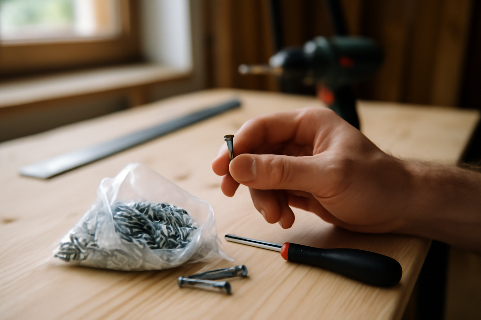 vis cruciforme PH sur établi avec embout tournevis et lumière naturelle