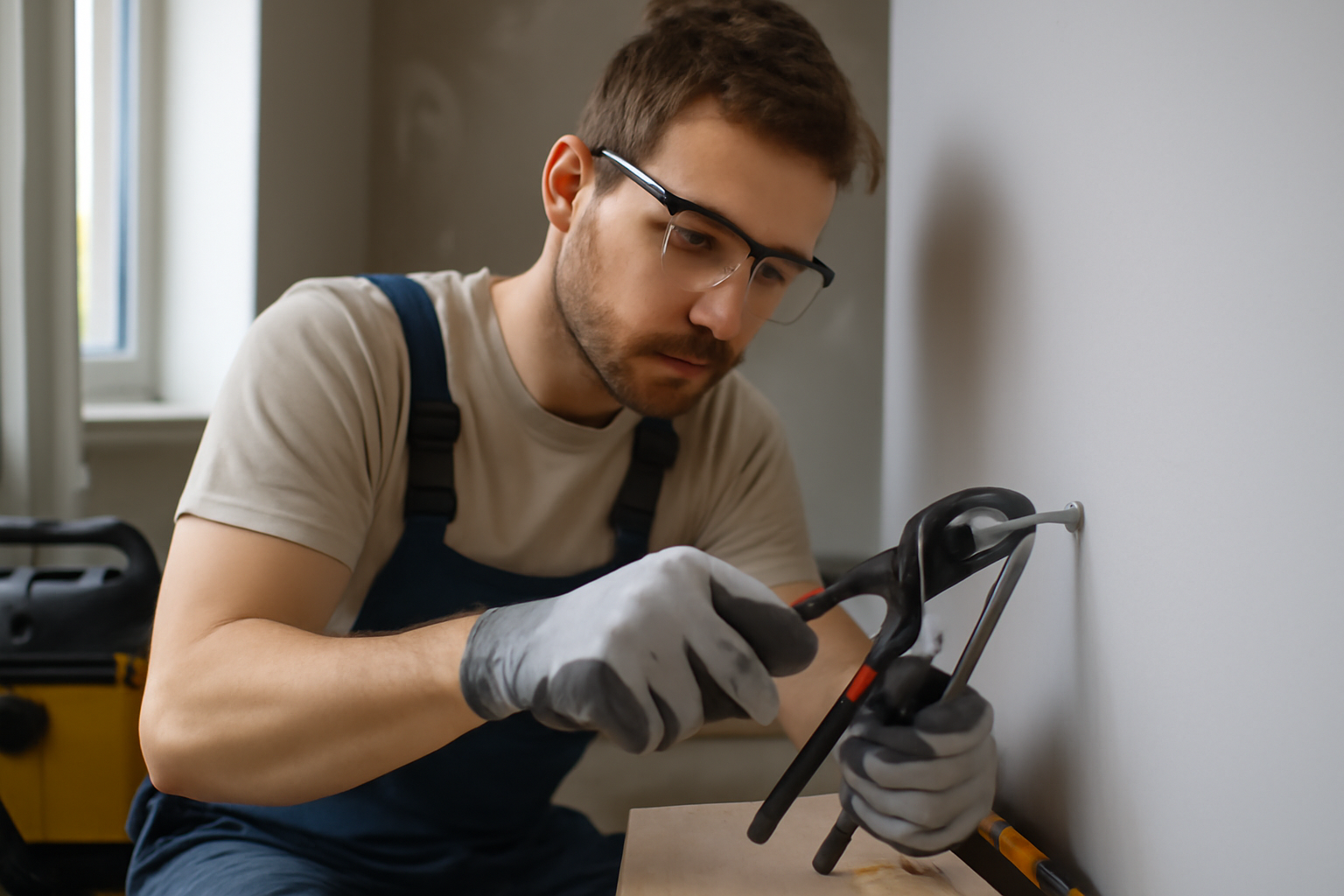 enlever cheville mur : extraction d’une cheville avec pince et tournevis sur mur en placo