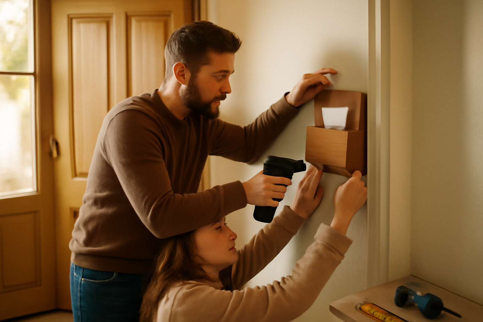 vide poche mural en bois installé près de la porte d’entrée, clés et courrier déposés